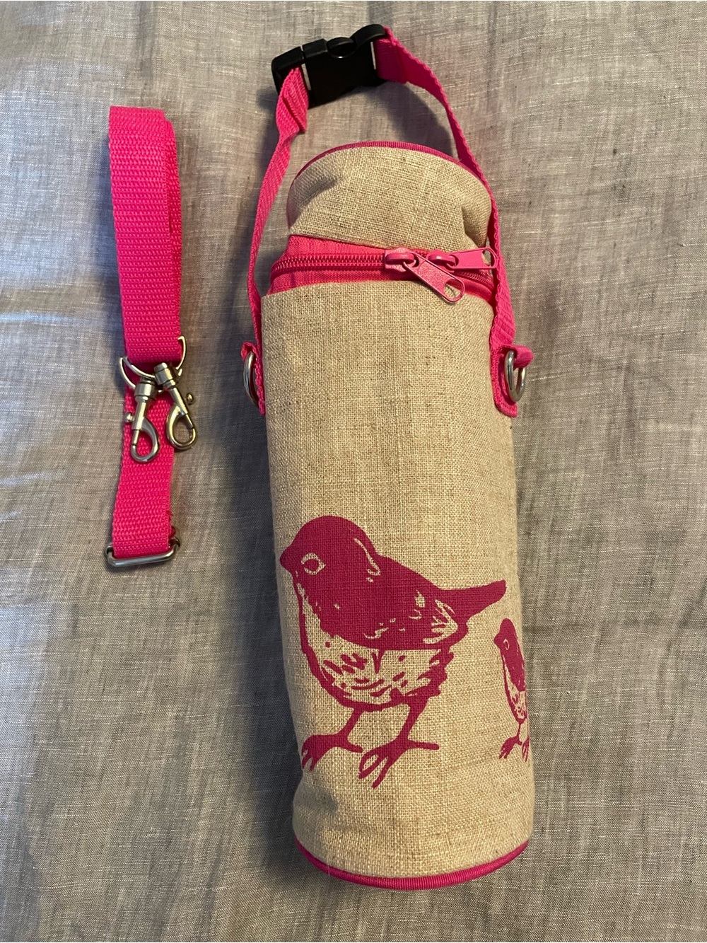 New! Insulated Water Bottle Carrier with Magenta Bird Accents Cross Body Strap